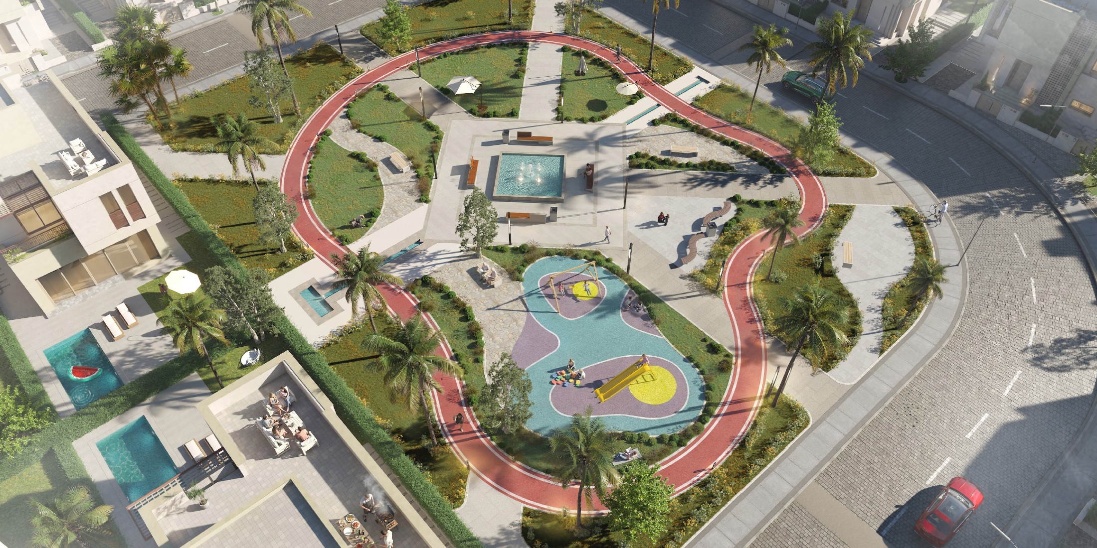 Landscaped central green with walking path, social seating, and children's play area